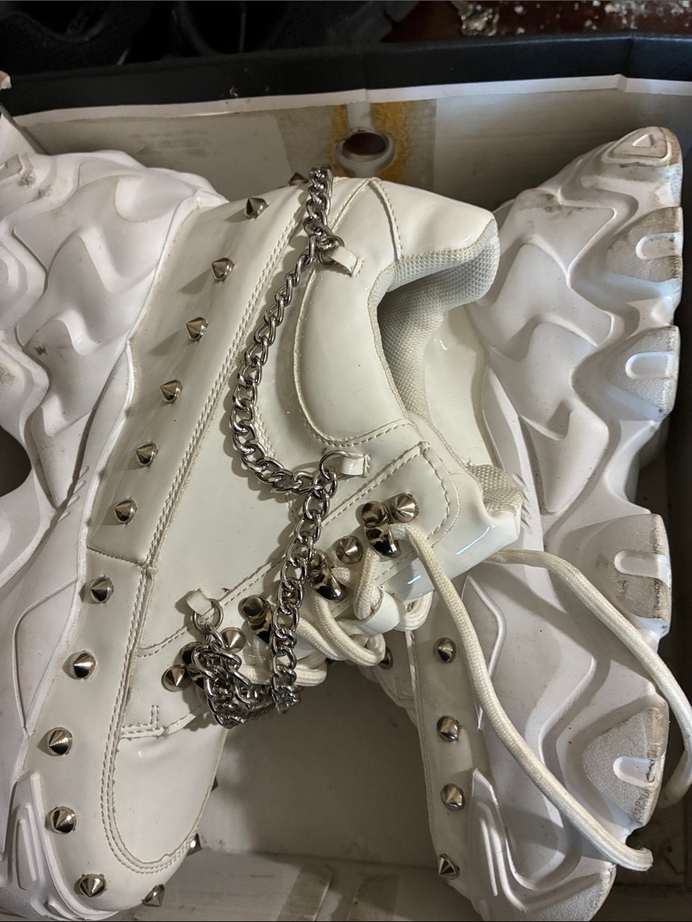 White Studded Platform Sneakers with Silver Chain Accent - Women's